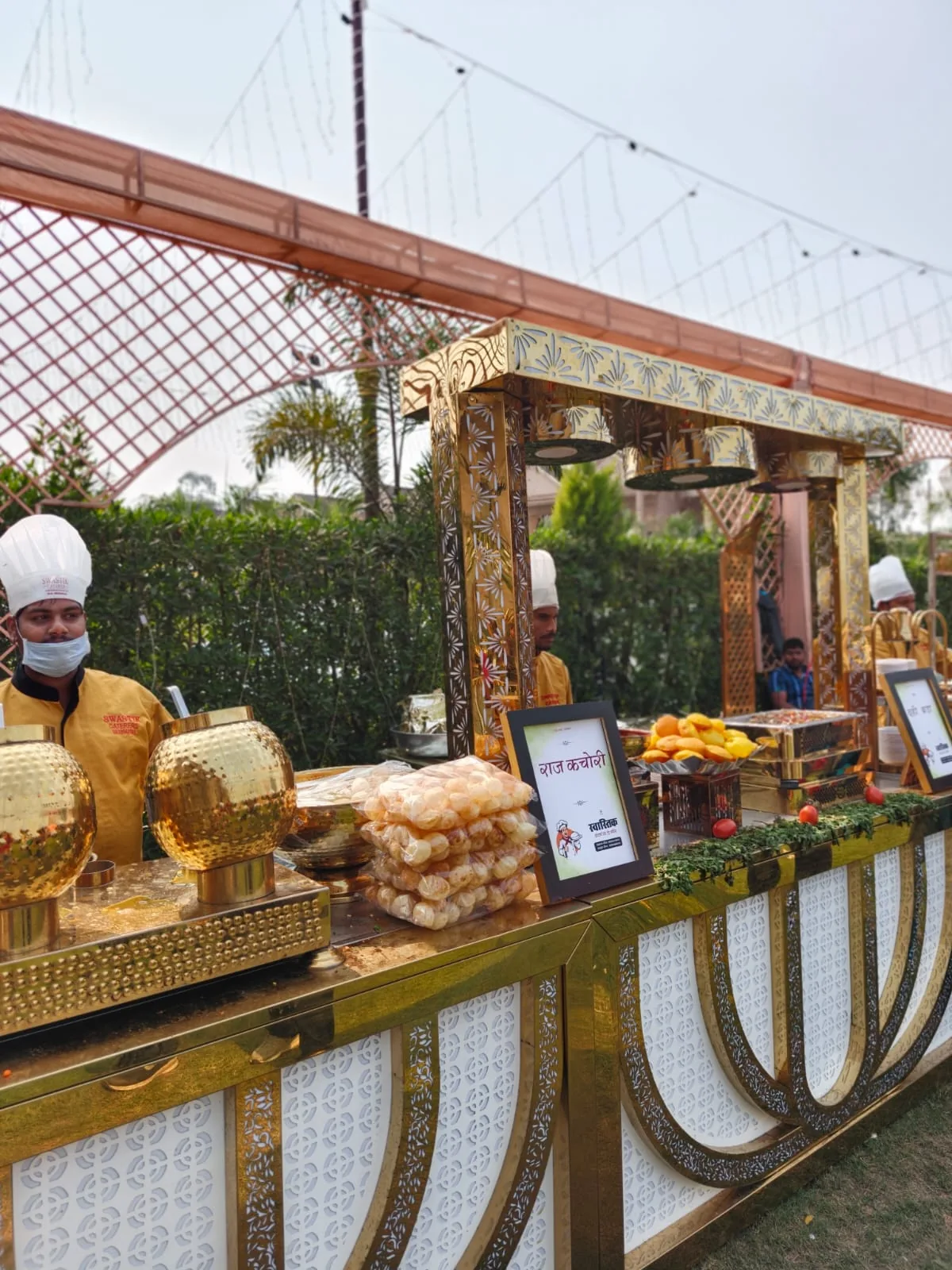 Indian chaat counter staffed by the Swastik Caters team